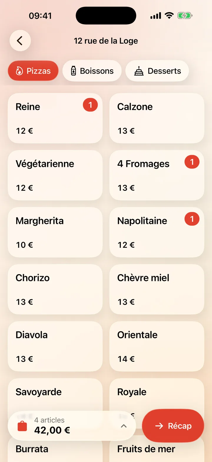 Menu de prise de commande : une tuile par pizza et le panier en bas