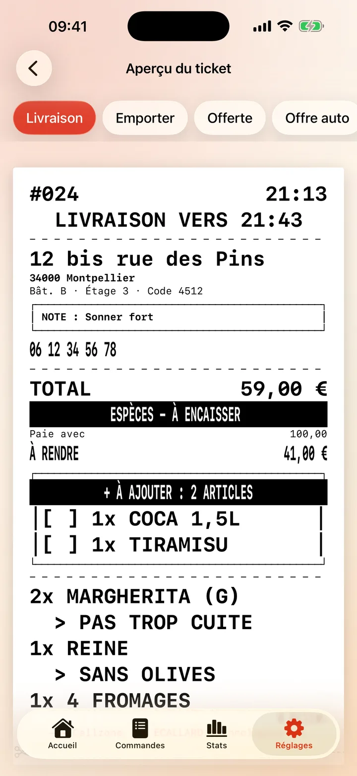 Aperçu du ticket imprimé en cuisine